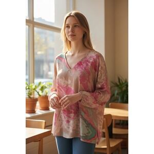 UMGEE  Size XL Pink & Green Marbled Chiffon Roll Tab Sleeve Tunic Top